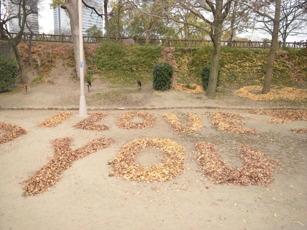 大阪城公園の落ち葉で作られたILOVEYOU